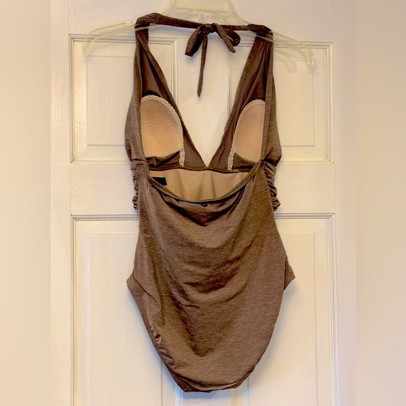 La Blanca Tan One Piece Swimsuit with Ruched Halter Design - Picture 2 of 5